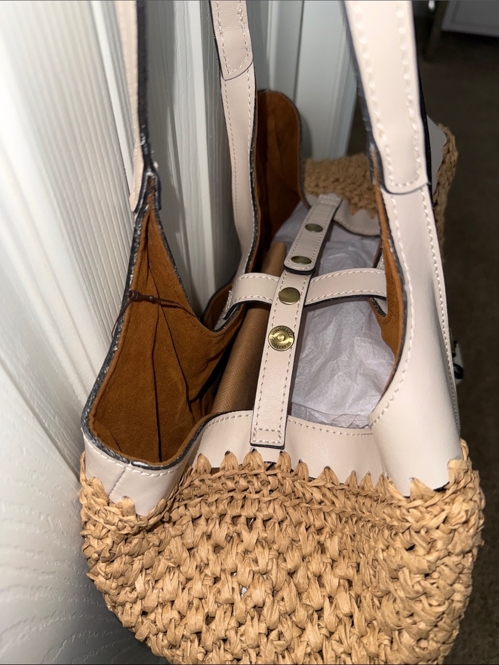 Woven Raffia Tote with Pale Cream Leather Trim - Picture 6 of 9